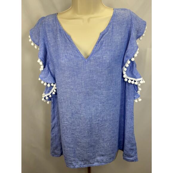 Lilly Pulitzer Astara Linen Pom Pom Top - Beckon Blue - Size M - Picture 6 of 15